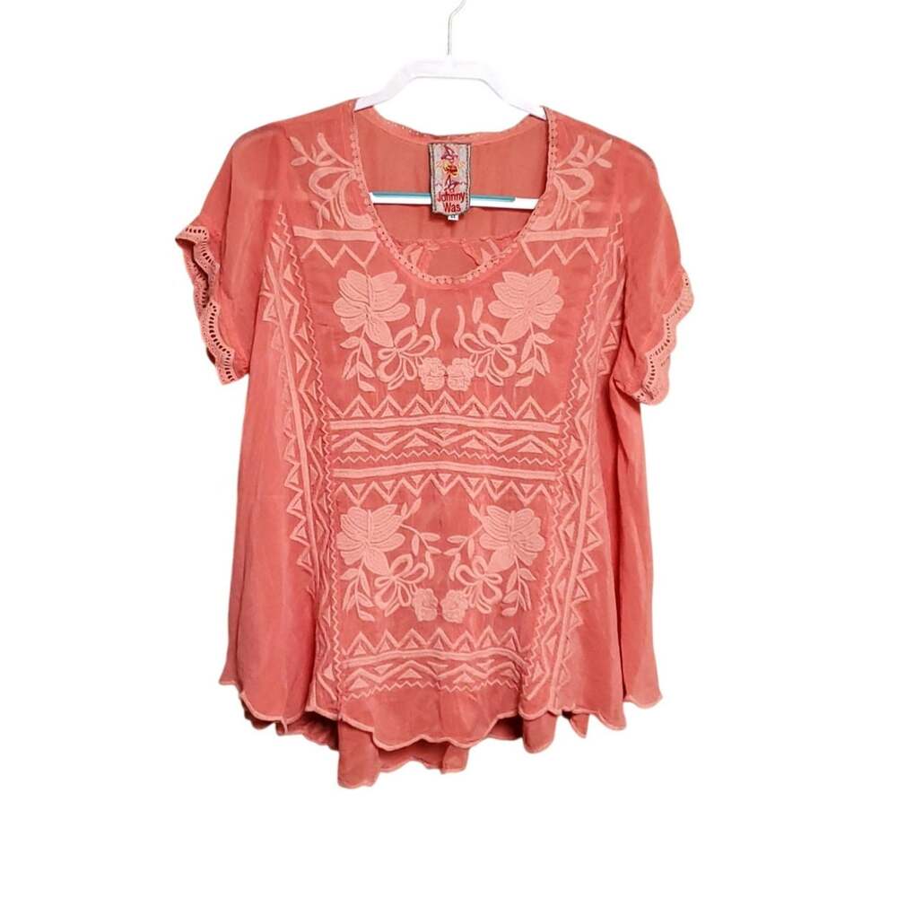 JOHNNY WAS Coral Embroidered Short Sleeve Blouse Top